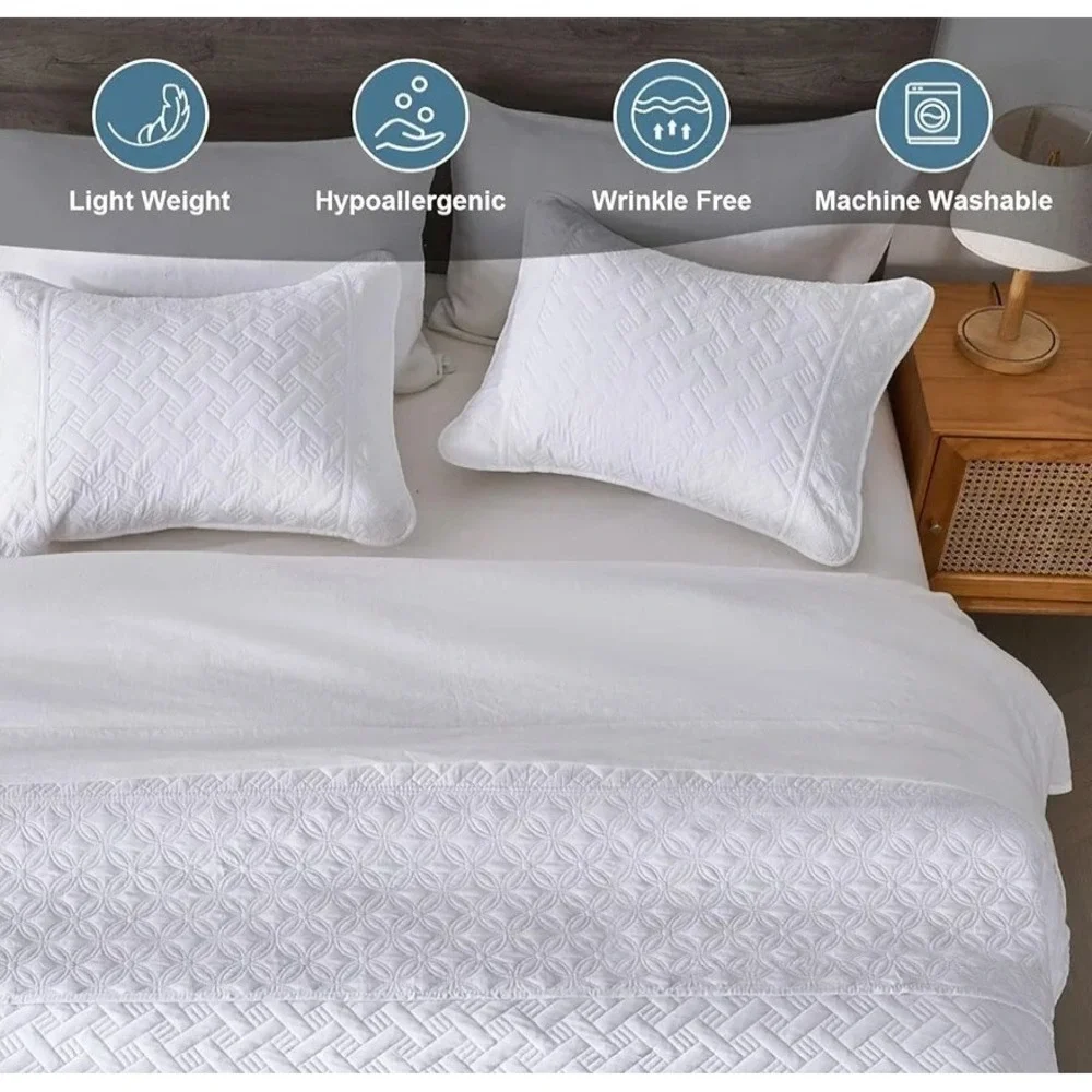 Quilt Set 3 Piece Soft Microfiber White Basket Weave Bedspread Size King White